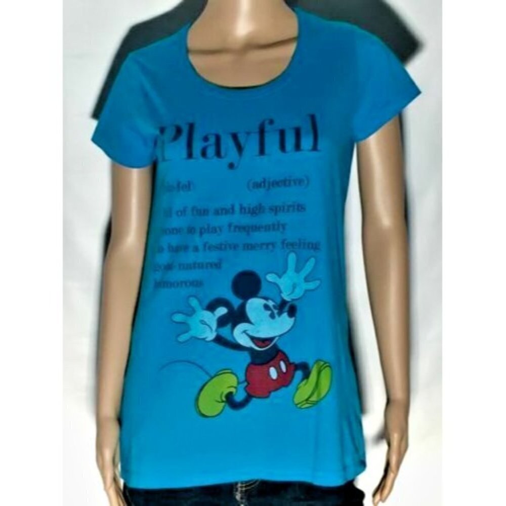 Womens Juniors Disney Mickey Mouse Playful T Shirt Misses M 7/9 Teal blue EUC